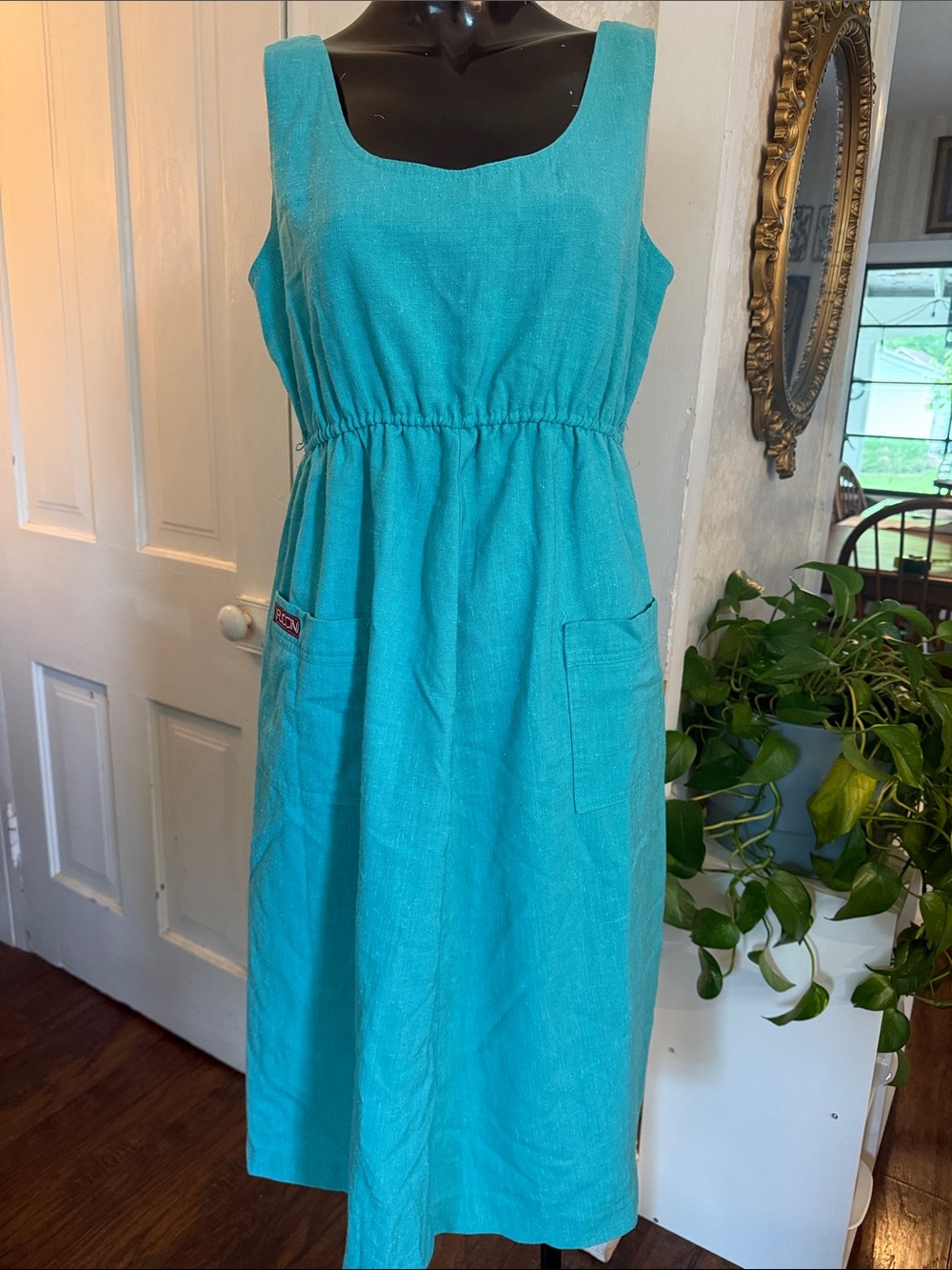 Vintage PUCCINI Turquoise Sleeveless Linen Blend Scoop Neck Jumper Dress Pockets